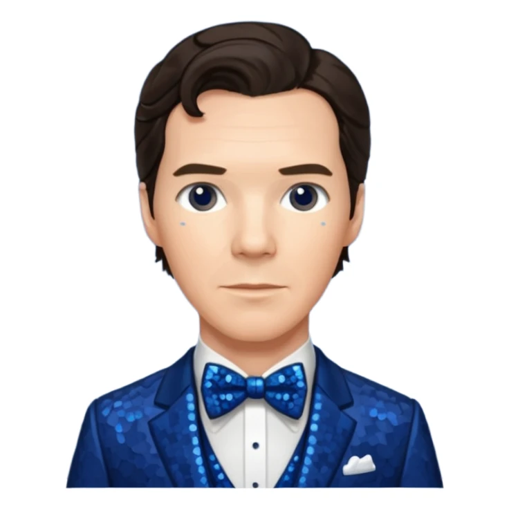 Benedict Cumberbatch with dark brown hair, indigo sequin suit with bow tie sticker