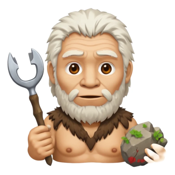 cartoon old Neanderthal with messy white hair and stone tool emoji style sticker