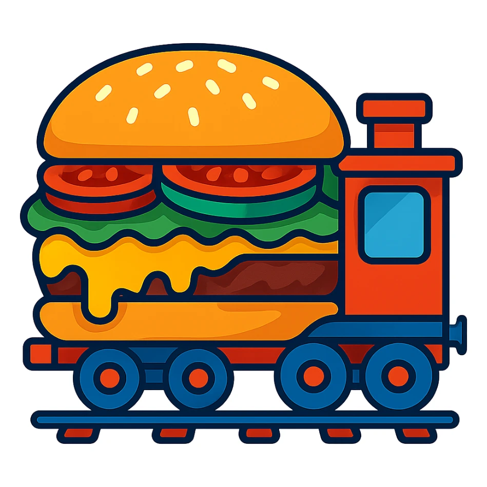 a single train car shaped like a cheeseburger, with melted cheese, lettuce, tomato, and sesame seed bun, playful and colorful, cartoon style sticker