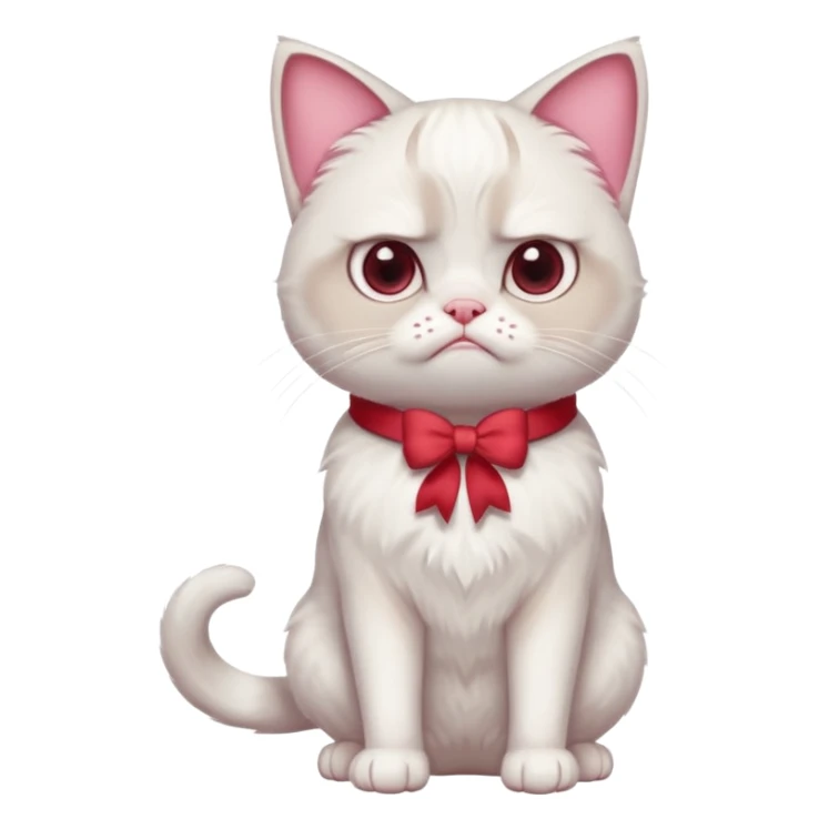 A White grumpy cat with light pink ears and paws and with a bow around its neck. The cat shall be standing on two legs sticker