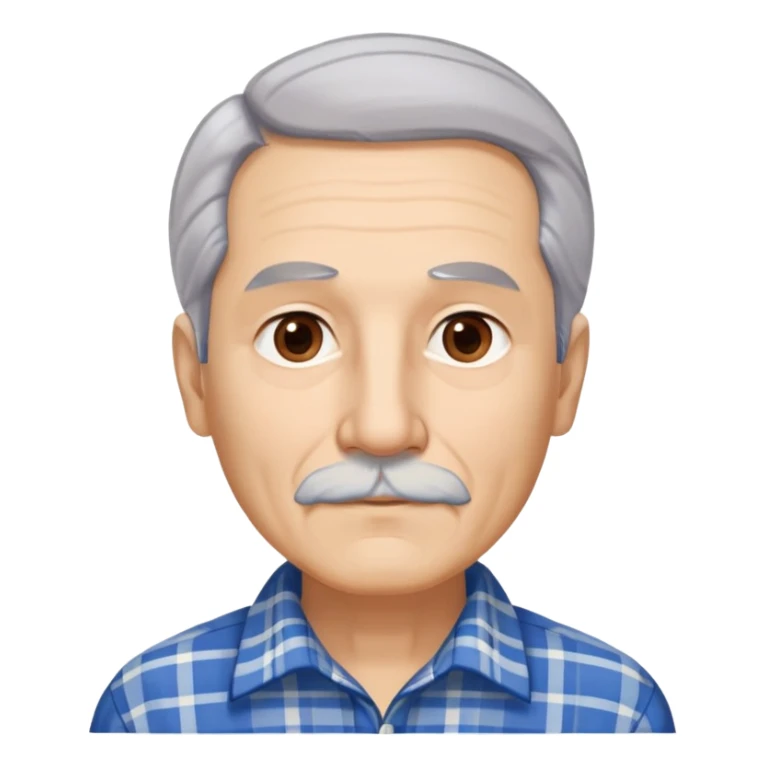 Senior Hispanic man with light complexion. Elongated face with wise expression. Relaxed brown eyes with gentle gaze. Thin eyebrows. White mustache connected to chin beard. Gray-white straight hair swept back. Wearing a beige and blue plaid long-sleeved shirt. sticker