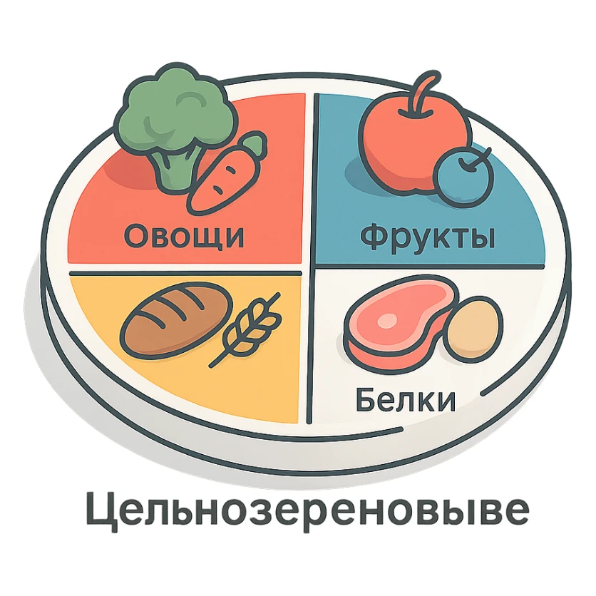 Harvard Healthy Eating Plate divided into 4 sectors labeled in Russian: 'Овощи', 'Фрукты', 'Цельнозерновые', 'Белки', bright but soft colors, clean lines, modern infographic, transparent background sticker