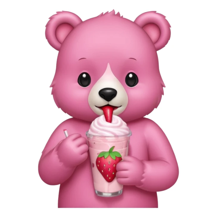 A pink bear is holding a strawberry and drinking a strawberry milkshake 
transparent background 
the style should be a teenager's hand-drawn, 2D, 2020s Japanese character-like sticker
