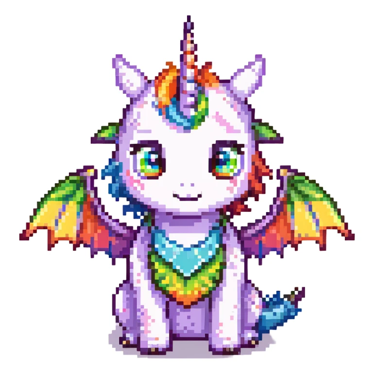 cute dragon with big eyes, rainbow wings, and unicorn horn, simple background sticker