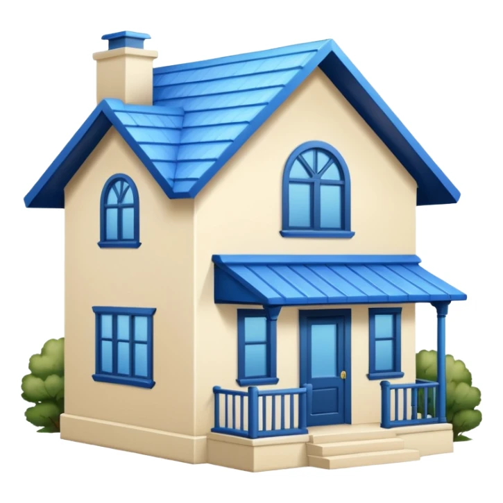 a creamy-colored house with blue trim and a blue roof sticker