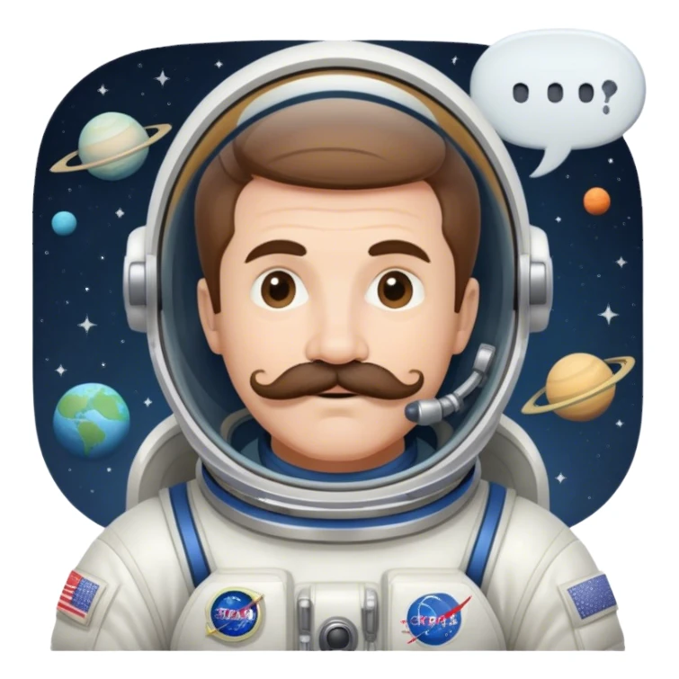 Boomer wearing a classic spacesuit with a bold mustache. Add a small speech bubble that says, “Hello from orbit!”

 sticker