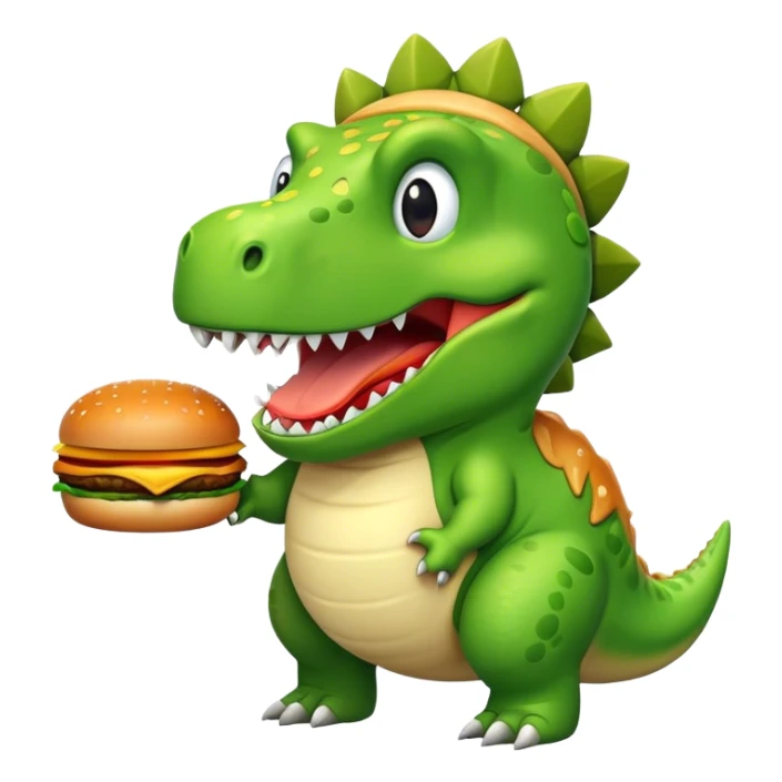 crea un dinosaurio rex alegre con una hamburguesa  sticker