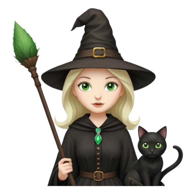 a witch with a hat and a broomstick and a black cat sticker