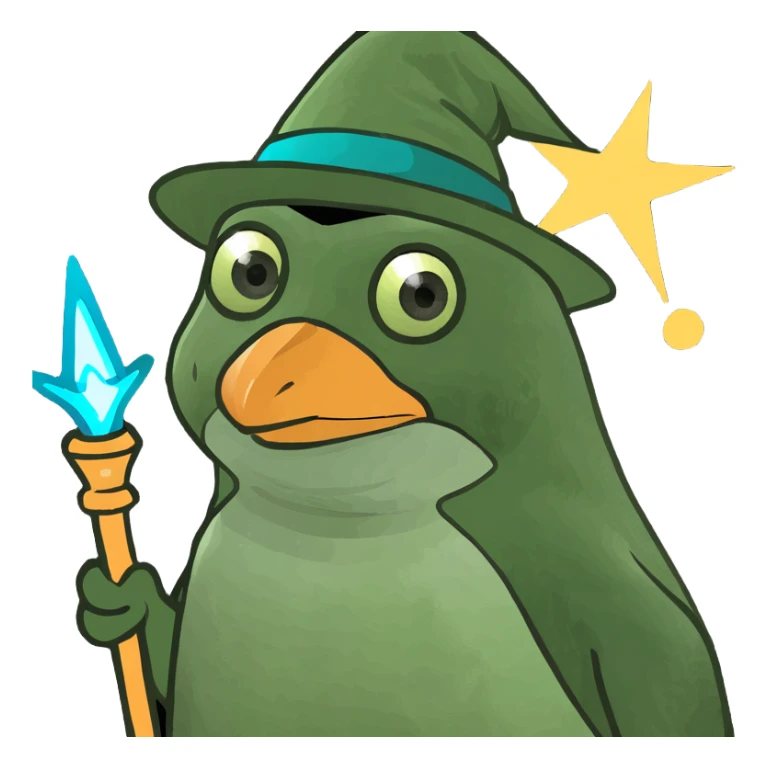 A penguin wizard with a pointy hat and a magic wand sticker