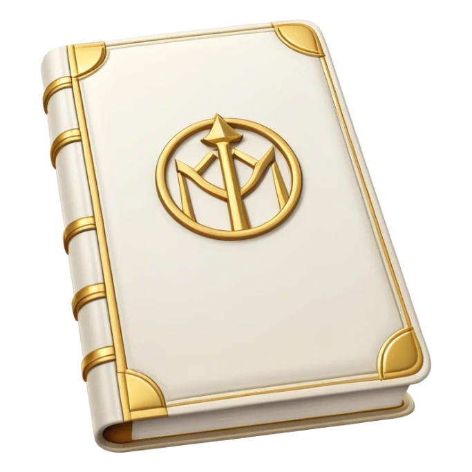 A white leather book with golden accents, smooth and polished, embossed with a symbol of six pillars,, radiating strength, confidence, and the power of self-worth.  sticker