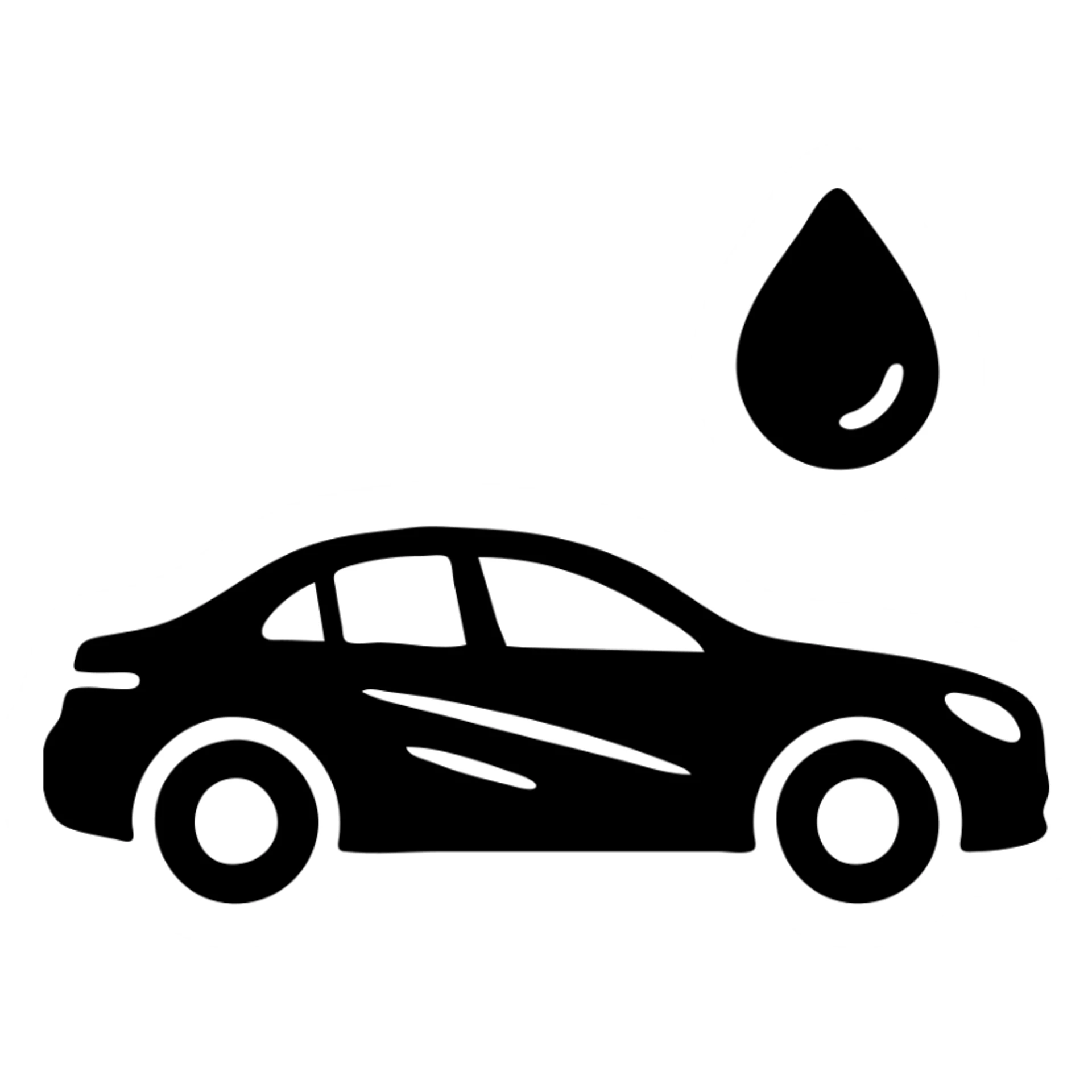 solid icon of a full luxury vehicle with glossy black mirror paint, strong shine and reflections, water droplet sliding on the surface, minimal repellent effect with lines, elegant and minimal sticker
