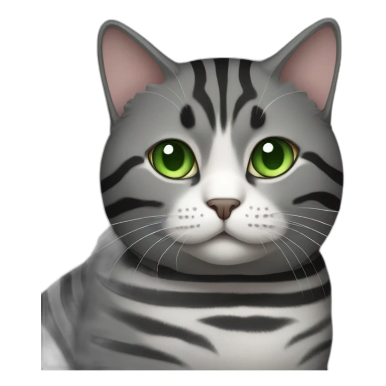 Chubby Striped dark grey female cat with Green eyes and white chest sticker