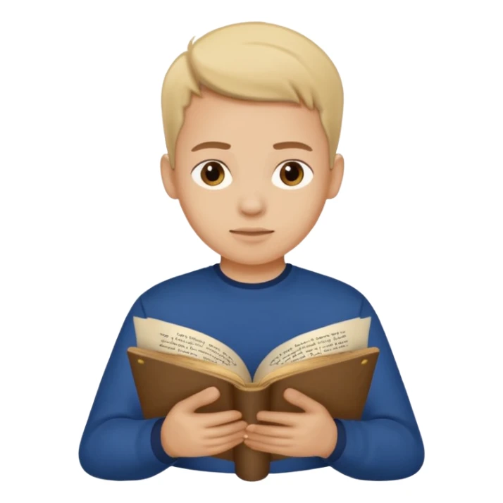 joven con camiseta azul oscuro leyendo un pergamino sticker