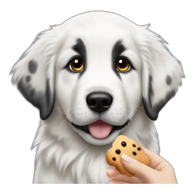 Great pyrenees puppy with black spot on one eye posing on the side looking at a hand with a treat sticker