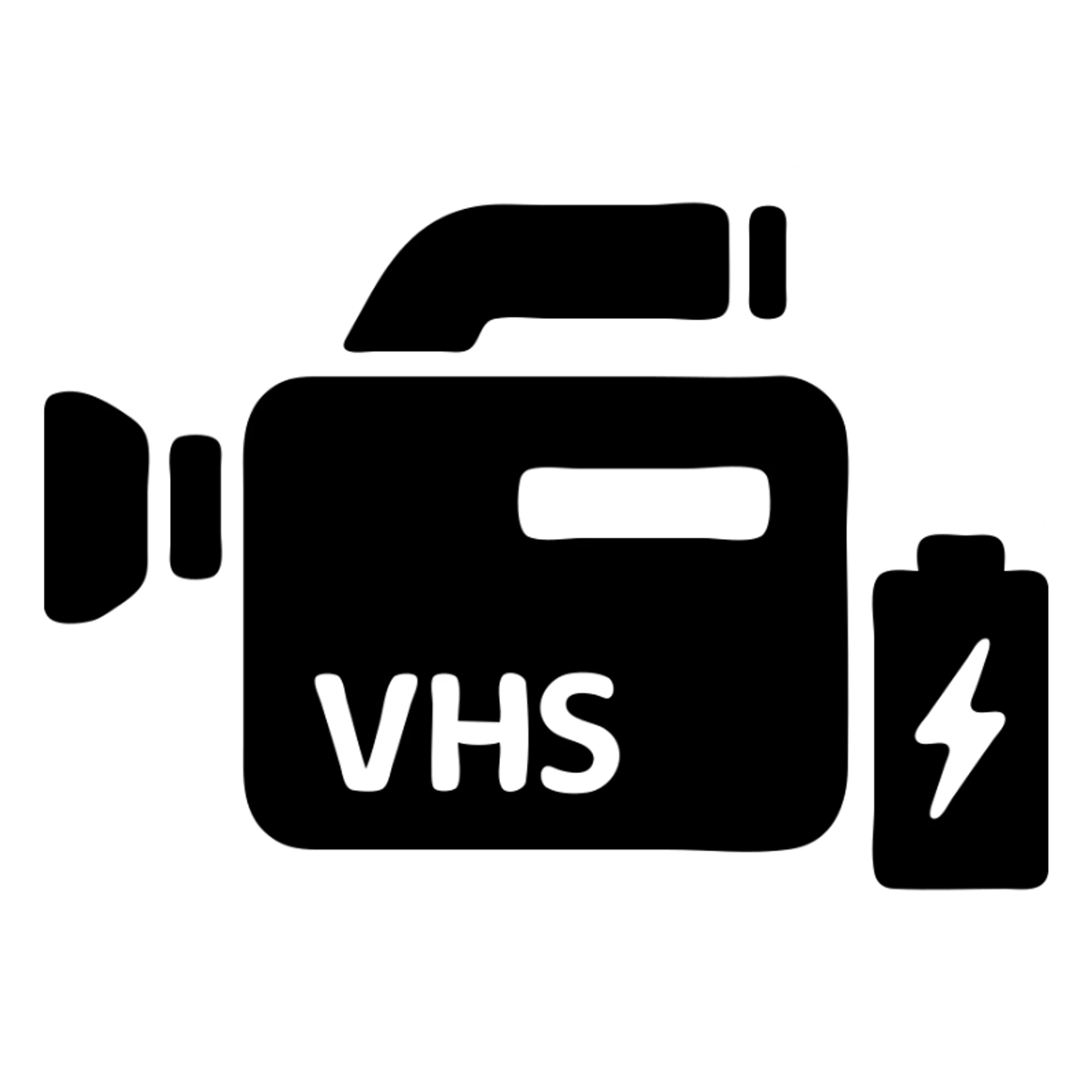A Sony VHS video camera in a black filled icon style, with a battery. sticker