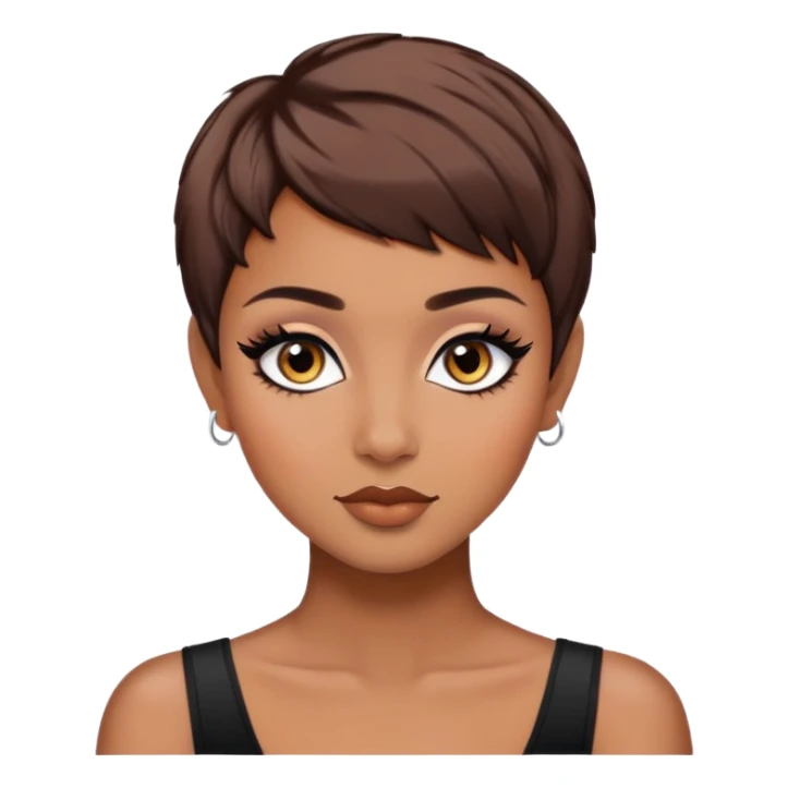 pixie cut, brown hair baddie,pretty, brown eyes, makeup, black eyeliner, long hair sticker