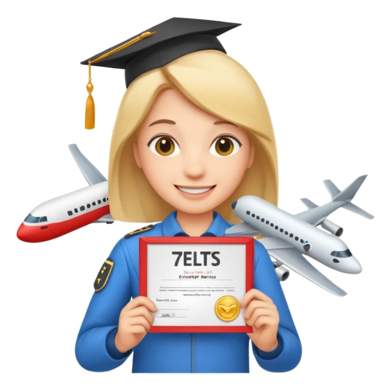 emoji student happy holding certificate IELTS 7.0, success, airplane, white background sticker