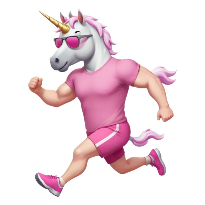 friendly anthropomorphised male white unicorn with a fit, chunky, muscular and strong physique, arms and legs matching the white of the head, in grey shorts and pink t-shirt, wearing dark sunglasses, jogging upright in a standard pose sticker