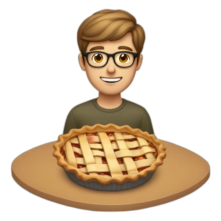 Short light brown hair guy wearing glasses eatings an apple pie sticker