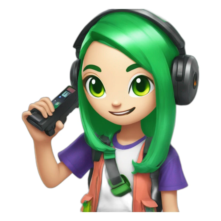 inkling from splatoon with earsphone and green hair and inkgun sticker
