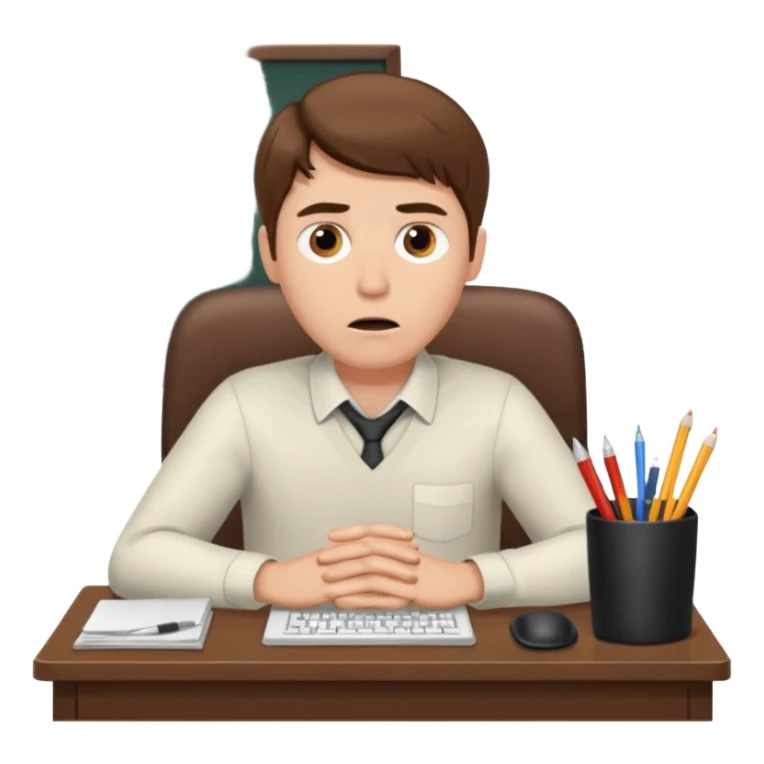 A white man with brown hairs, white skin,  sits at his desk in shock sticker