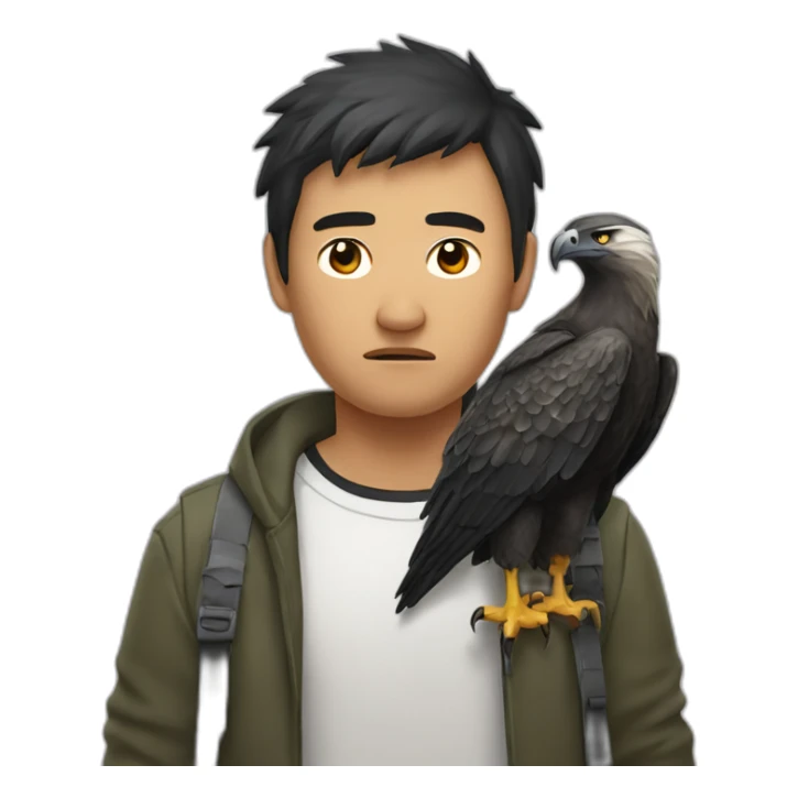 miserable asian man with a tasmanian wedge tailed eagle on his shoulder sticker
