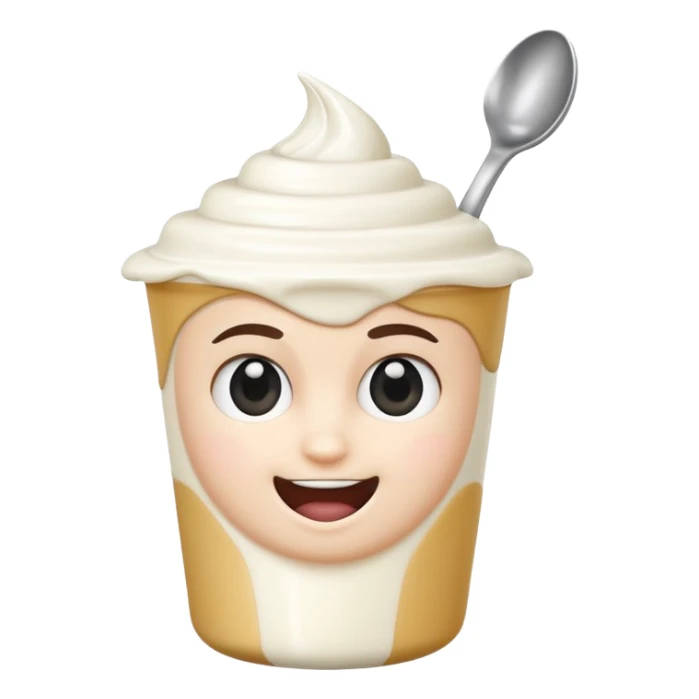 A 3D cartoon yogurt cup with a spoon, creamy white top, Memoji-style rendering. sticker