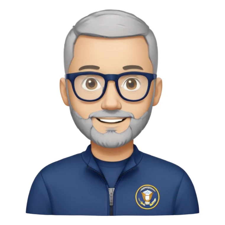 Man with light skin, extremely short black hair (military buzz cut), short peppered gray beard, large black-framed glasses, smiling face, navy blue zip-front sweatshirt with long sleeves sticker