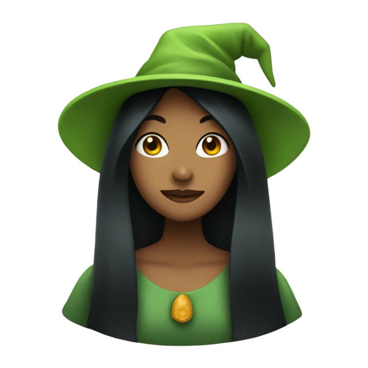 green woman with black hair and a witch cap sticker