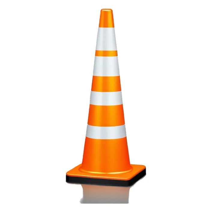 A bright orange traffic cone with two white reflective bands, standing on a black square base. The cone is brightly lit, emphasizing its safety features. sticker