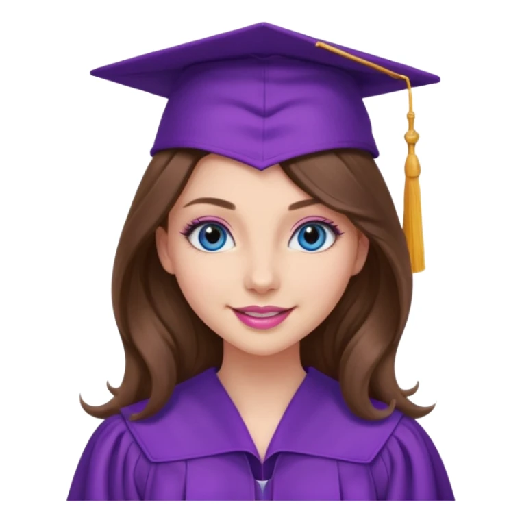 girl with gorgeous lightly curled long brown hair, blue eyes, long lashes makeup, sexy pink lips, wearing a purple graduation cap and gown sticker
