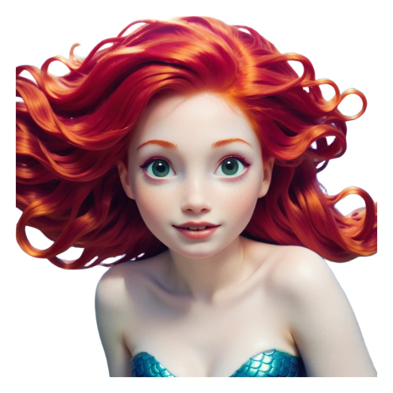 Cinematic Realistic Red Hair Mermaid Portrait, head tilted dramatically with an exaggeratedly amused expression, featuring a striking, vibrant form with meticulously detailed, flowing red hair and luminous porcelain skin. Her expressive eyes burst with playful marine mischief, rendered with dynamic underwater lighting and vibrant textures that convey an air of cheeky oceanic whimsy and over‐the‐top mermaid charm. sticker