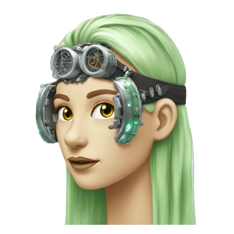 Light green long hair female cyborg head with silver steampunk goggles as a headband, circuits sticker