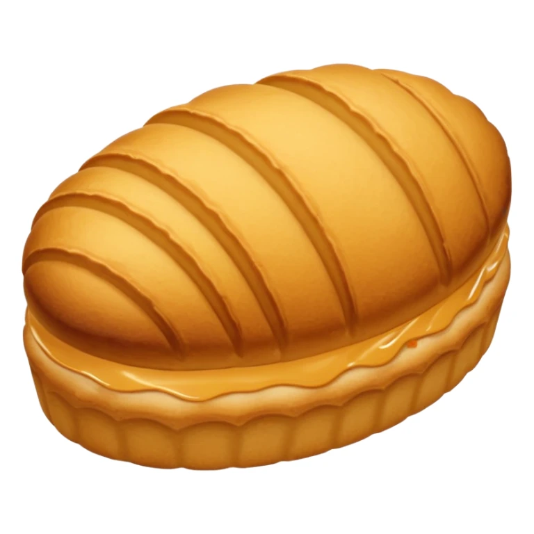 A madeleine pastry. Oval shaped with vertical lines going in the same direction as the oval. Light golden brown. Scalloped edge. Cookie. Flat. sticker