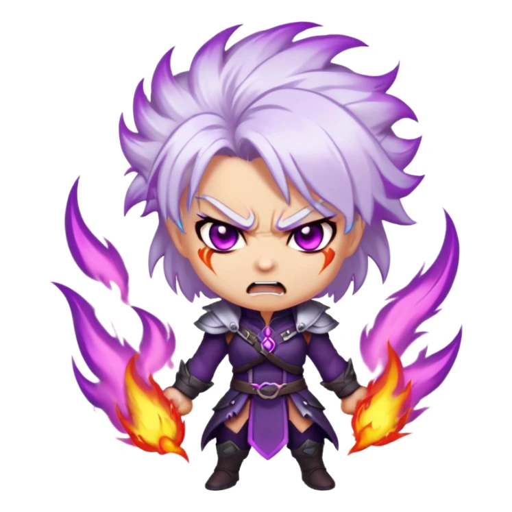 Chibi Sable Ward with rage expression, furious face, glowing purple eyes, white hair with purple streaks, flaming effect around her, angry expression sticker