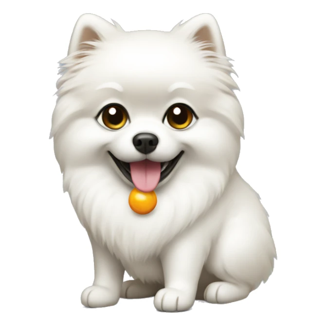 White Pomeranian holding a toy sticker