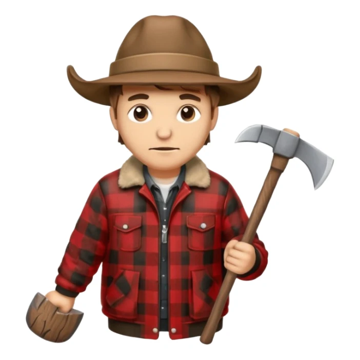 Man wearing buffalo plaid jacket and hat, with an 🪓  sticker