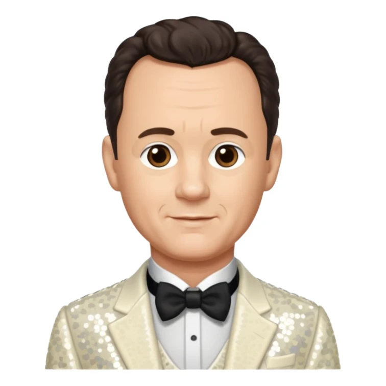 Tom Hanks with dark brown hair, ivory sequin outfit sticker