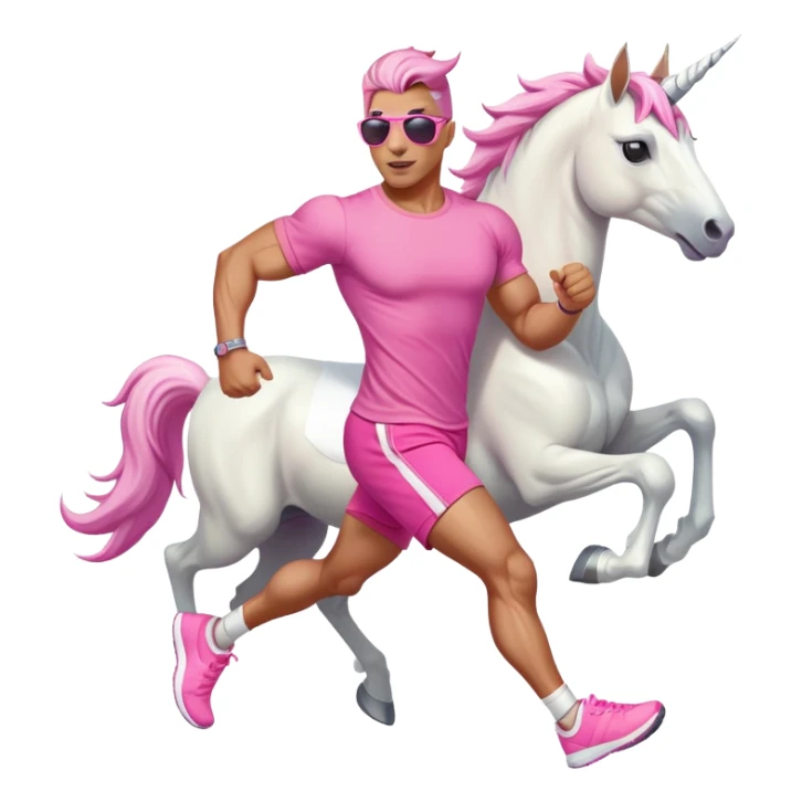 full body friendly anthropomorphised masculine unicorn with white horse-like face, muscular build, wearing pink t-shirt, shorts, trainers, dark sunglasses, running sticker