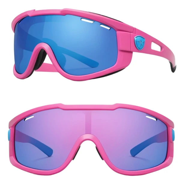 sporty pink shield visor sunglasses with thick ventilated frame, racing style air vents, massive build, one-piece blue tinted lens sticker