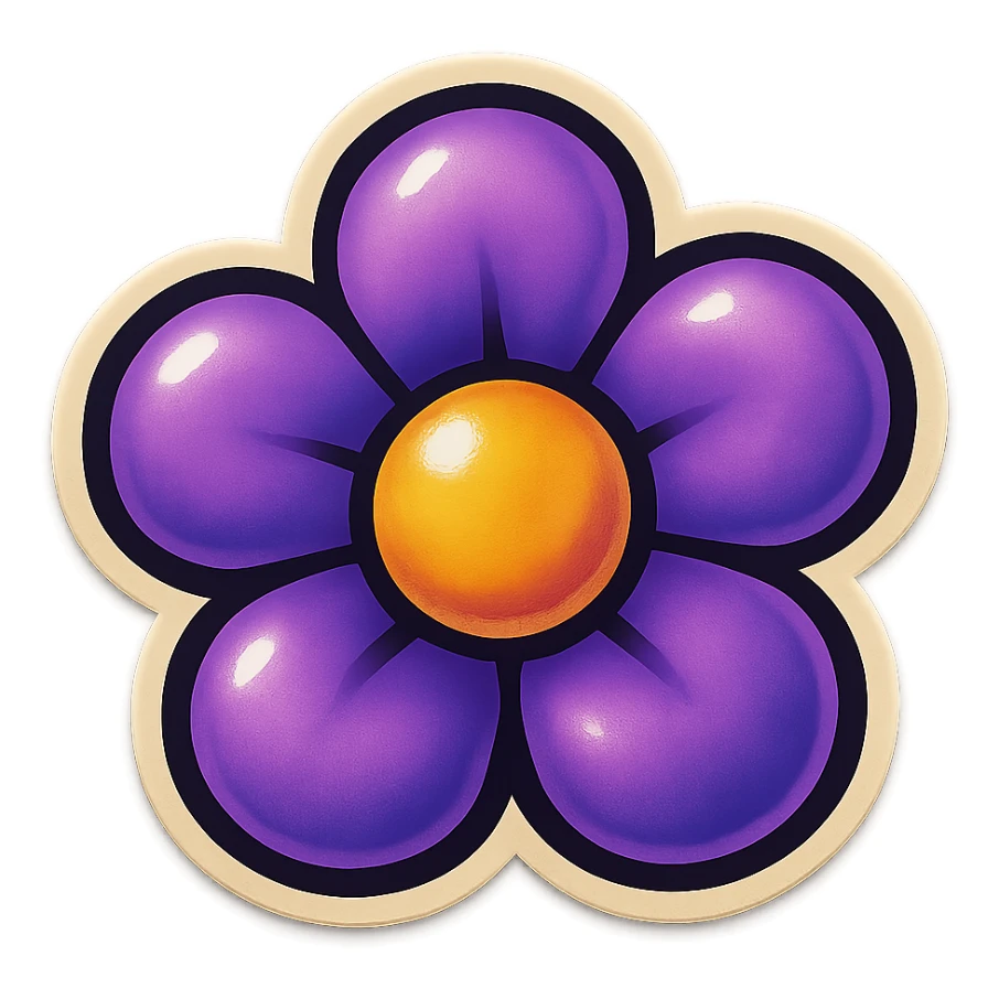 purple flower, cheerful, bold outlines, vintage sticker style sticker