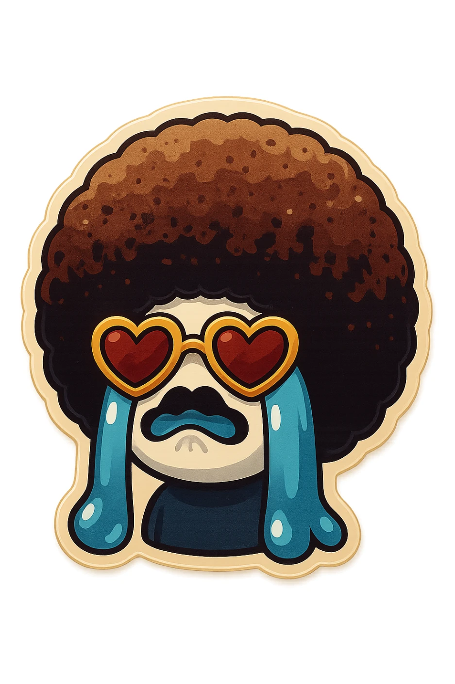 White circle face, afro, heart glasses, Crying with large tears, sobbing, lip quiver sticker