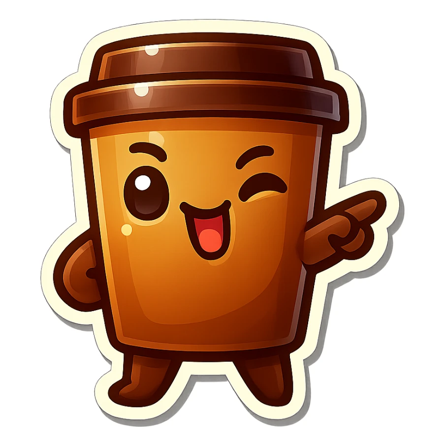 Tall coffee cup, pointing, winking, clinking tongue, cocky sticker