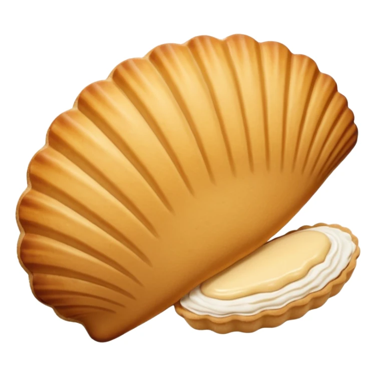 A madeleine pastry. Scalloped seashell shape with ONLY four to five vertical lines going in the same direction. Light golden brown. Scalloped edge. Cookie. Flat. Long. Oval shape. Lets scallops. sticker