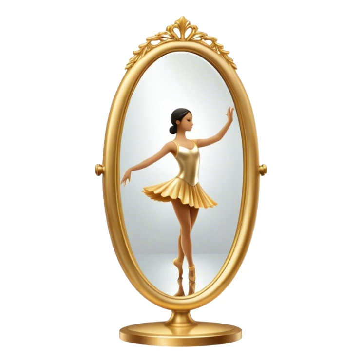 Cinematic Realistic Mirror, a large, ornate mirror reflecting a dancer’s poised silhouette, soft golden light creating depth, slight smudges on the glass adding realism, glowing with a timeless and artistic presence. sticker