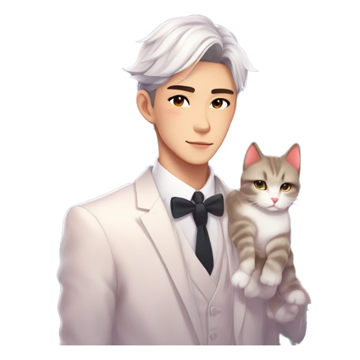 Gorgeous romantic anime style Asian formal modern gentlemanly guy with cat ears and flowers and blushing face aesthetic trending style outside with colorful gradient colors sticker