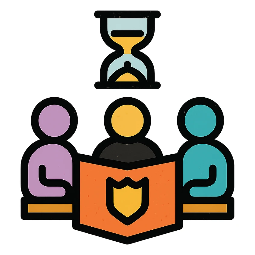 minimalist icon of players and a game master collaborating around a table or DM screen, with a clock or hourglass representing a multi-day marathon, worn and distressed look sticker