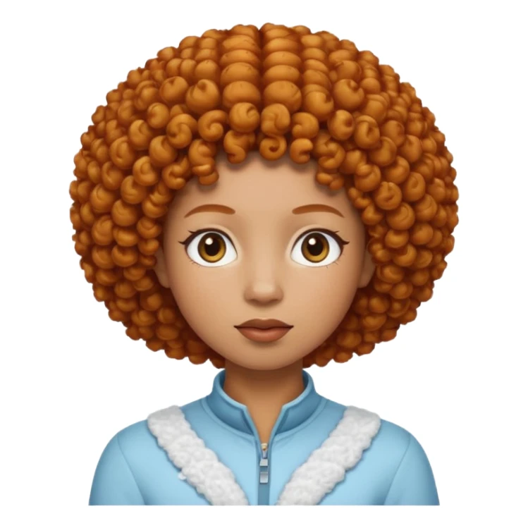 Create an iOS-style emoji of Ice Spice. Neutral facial expression, front-facing head only. Curly ginger short afro hairstyle. Clean Apple emoji style, smooth shading, simple shapes, plain background. sticker