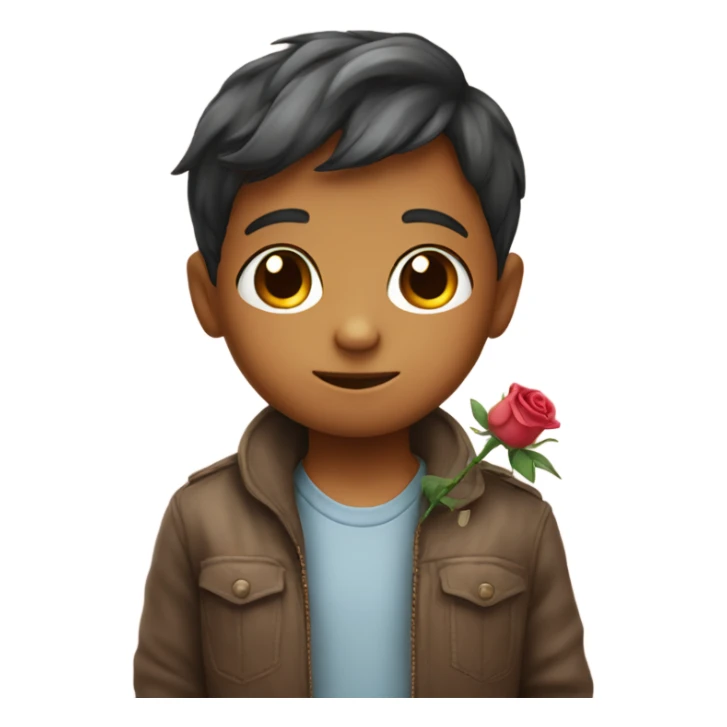 Small shy young boy with a sweet blooming rose sticker