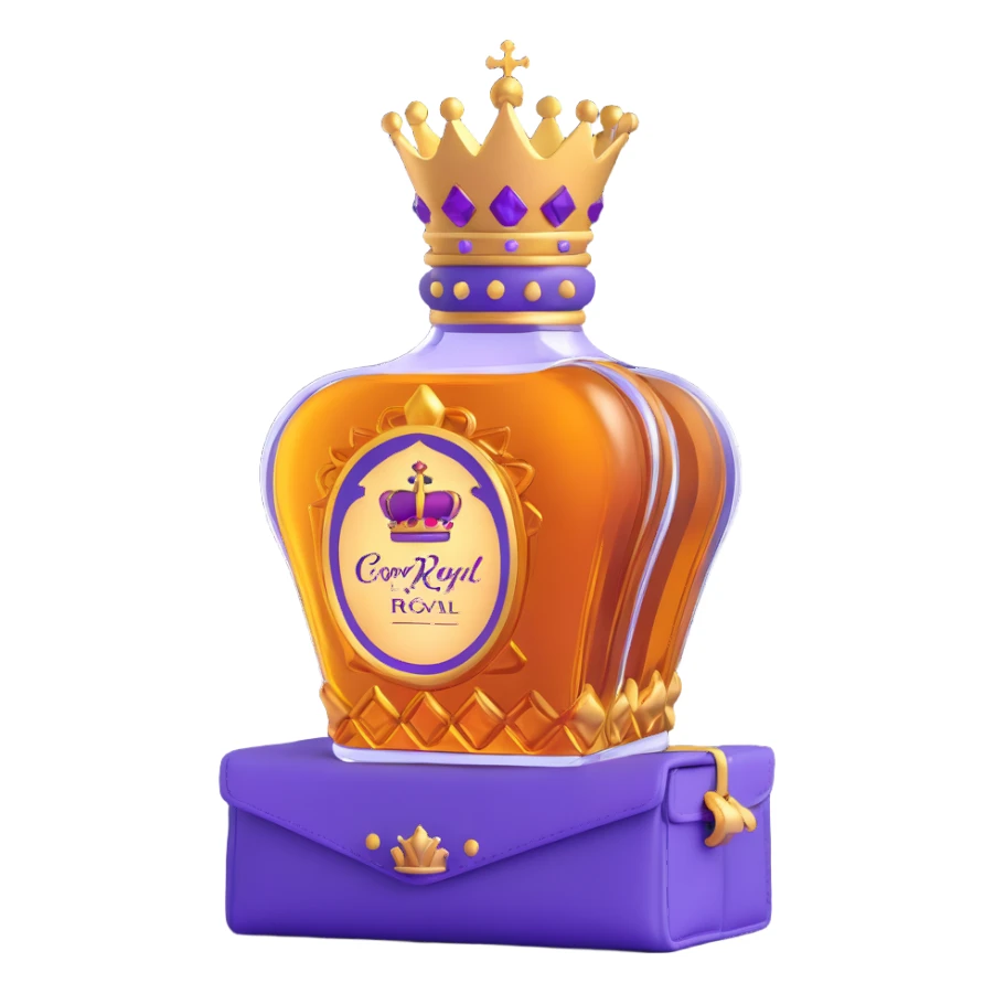 Crown Royal whisky bottle with purple bag and gold crown sticker